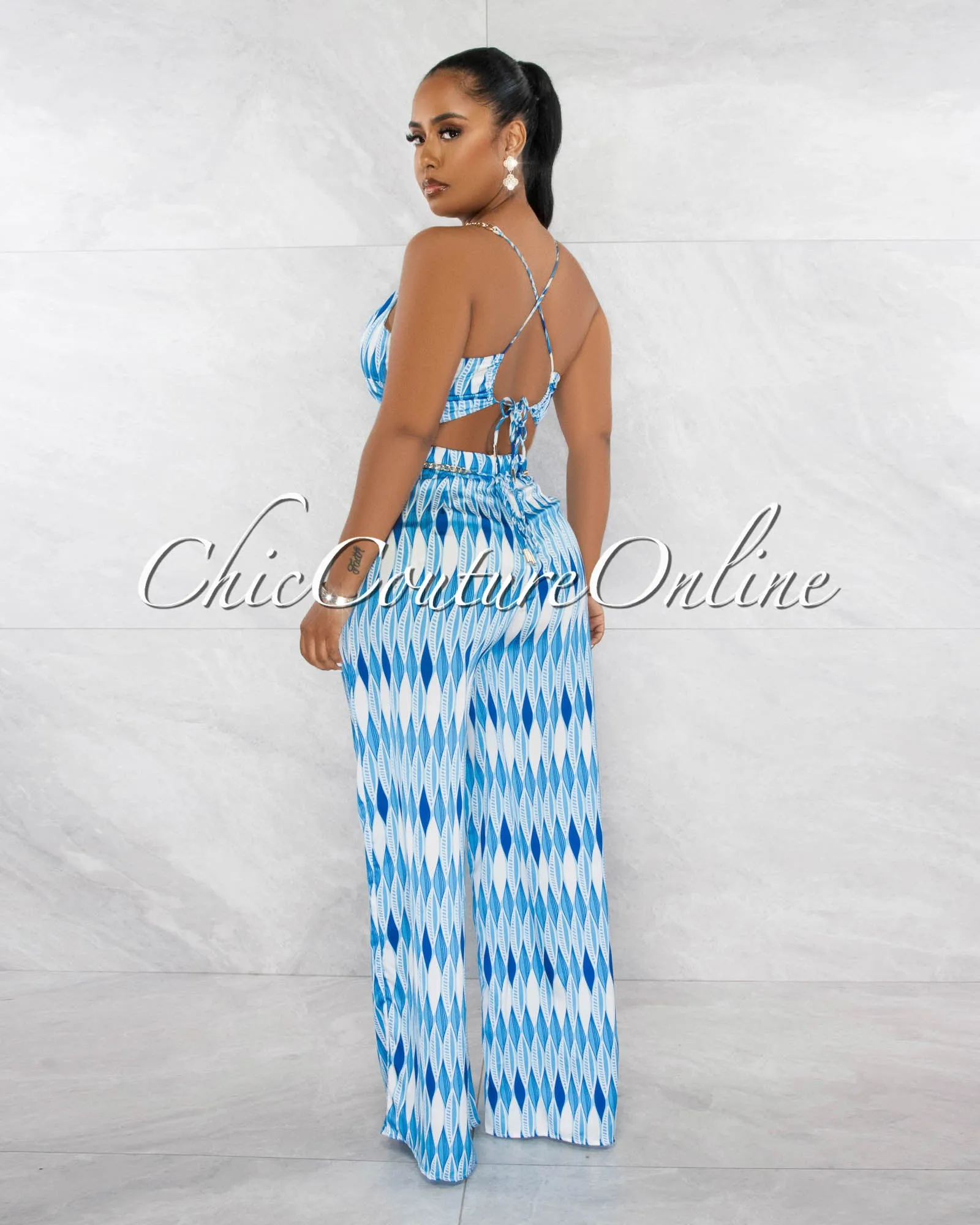 *Lodema Blue White Print Crop Top & Pants Silky Gold Link Set sold by Chic Couture product image thumbnail 3