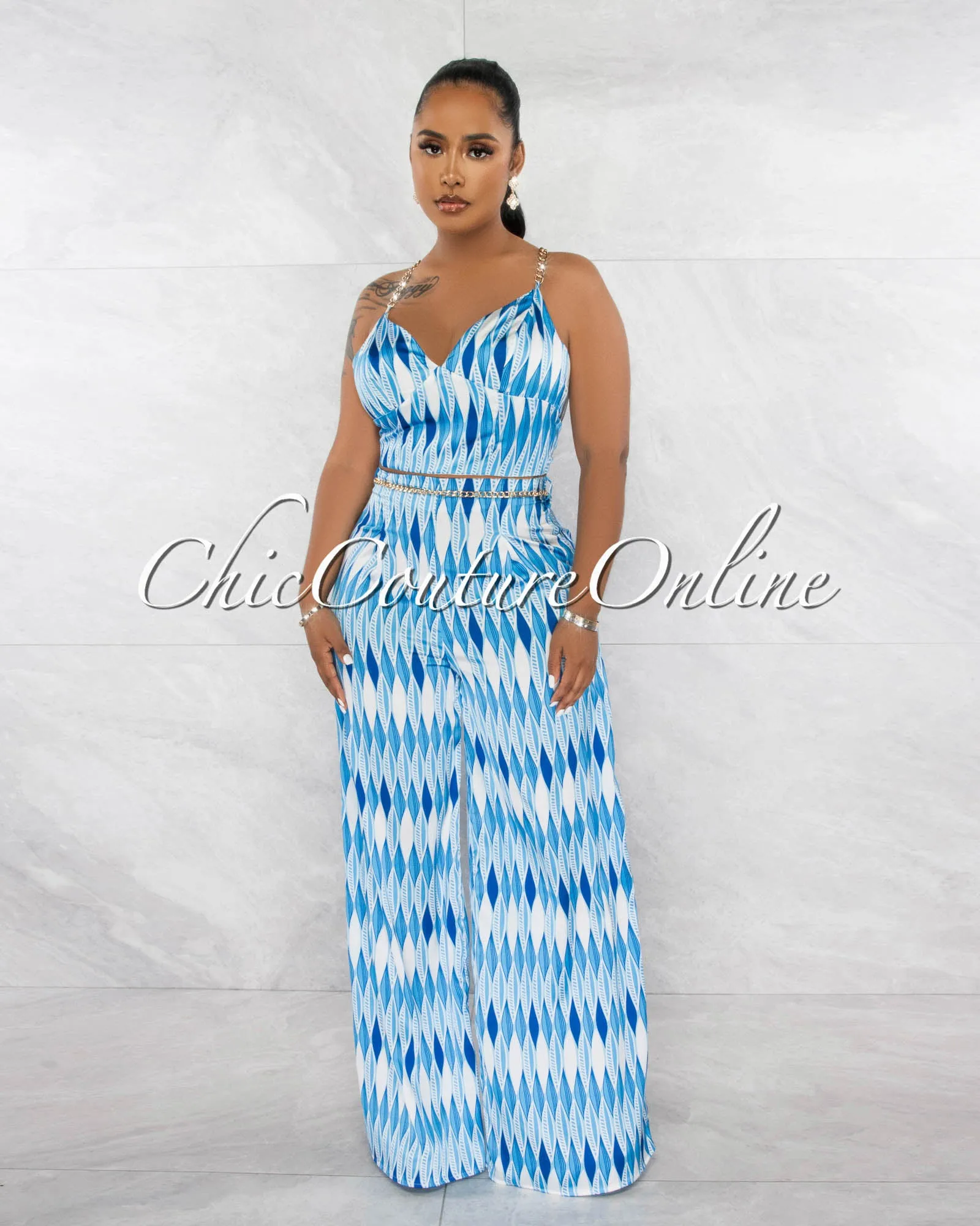 *Lodema Blue White Print Crop Top & Pants Silky Gold Link Set sold by Chic Couture product image thumbnail 2
