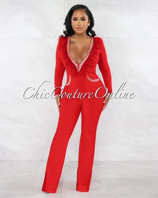 *Hudson Red Rhinestones Feather Neckline Jumpsuit sold by Chic Couture