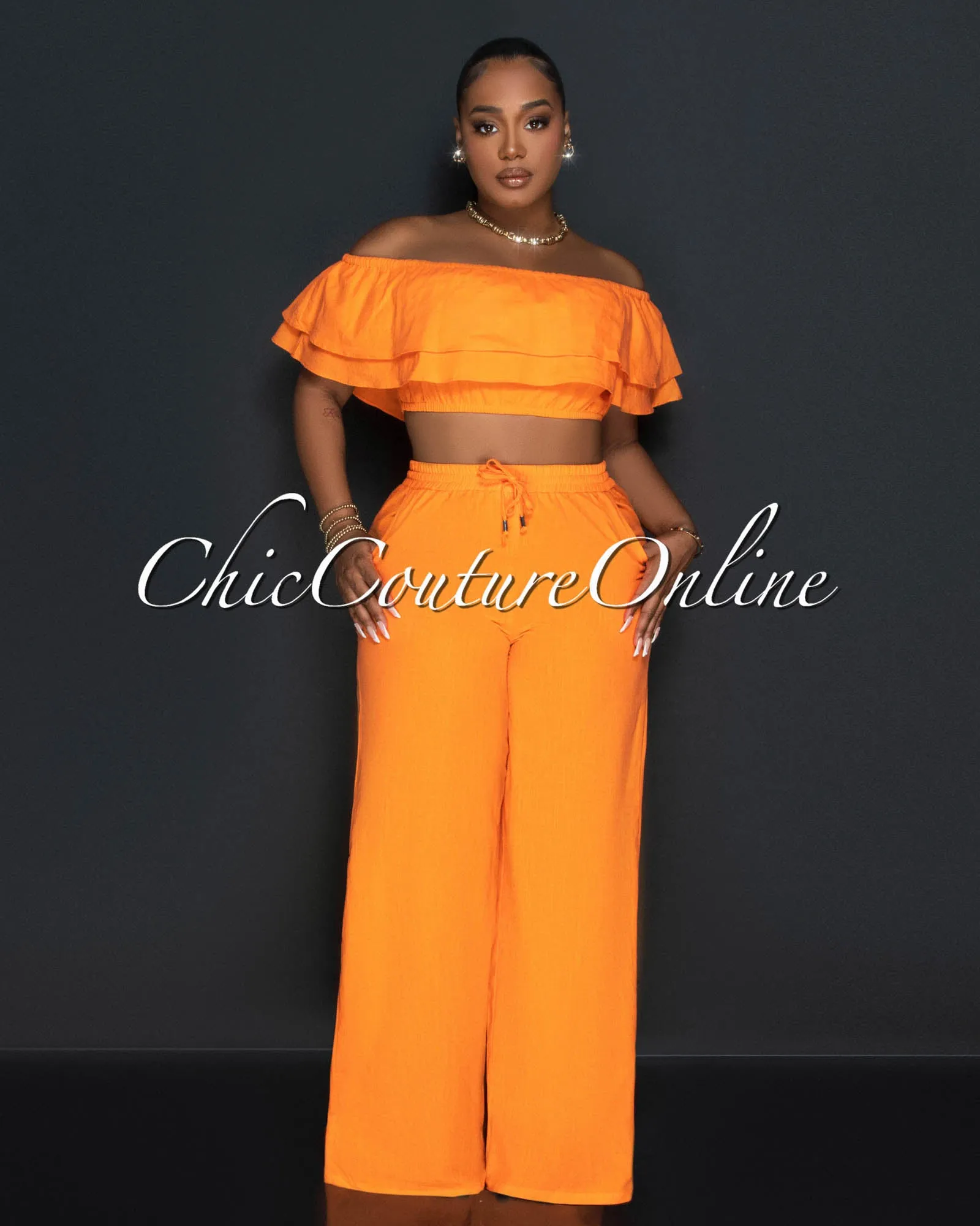 *Yuri Orange Ruffle Crop Top & Wide Pants Set sold by Chic Couture product image thumbnail 2