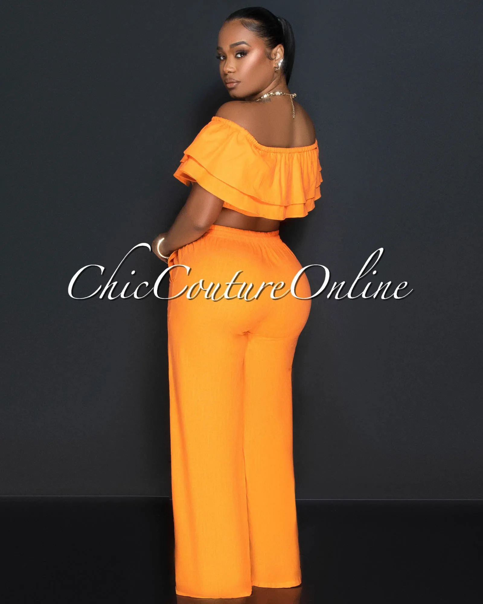 *Yuri Orange Ruffle Crop Top & Wide Pants Set sold by Chic Couture product image thumbnail 4