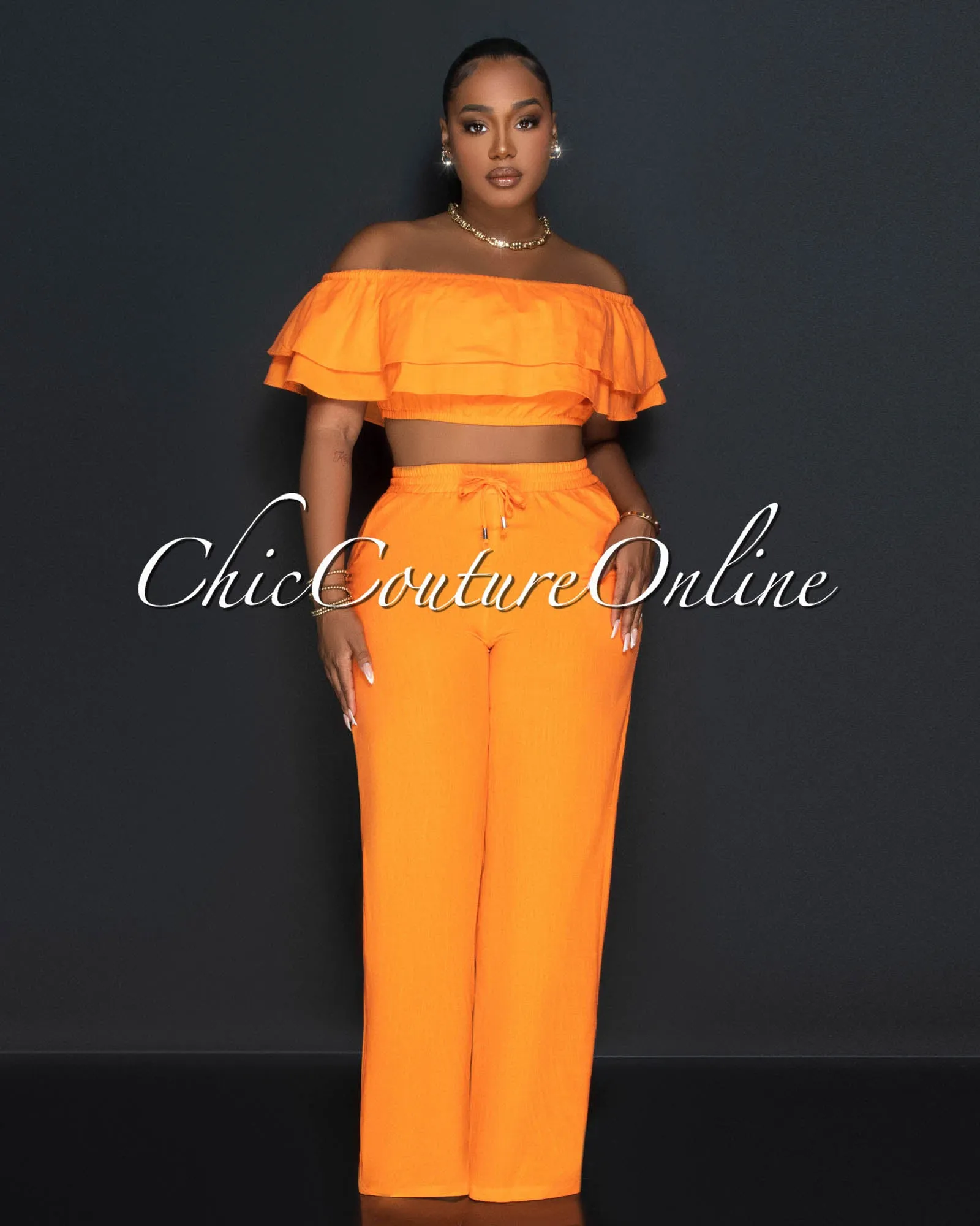 *Yuri Orange Ruffle Crop Top & Wide Pants Set sold by Chic Couture product image thumbnail 3