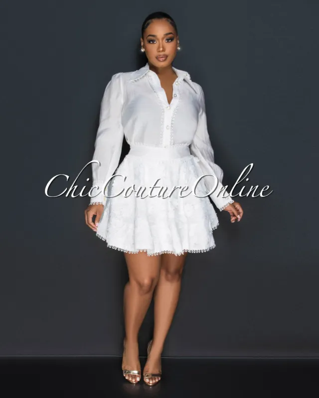 Bachir Off-White Buttoned Blouse & Flared Crochet Skirt Set sold by Chic Couture