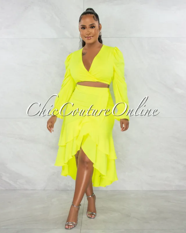 *Miranda Neon Green Front Tie Top & Ruffle Skirt Set sold by Chic Couture