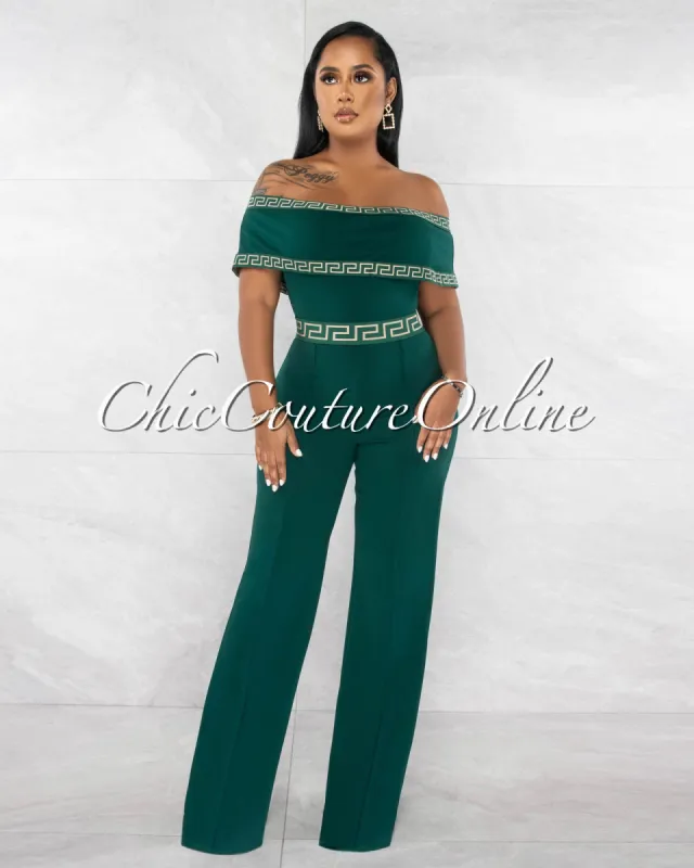 *Montaro Hunter Green Fret Trim Off-The Shoulders Jumpsuit sold by Chic Couture