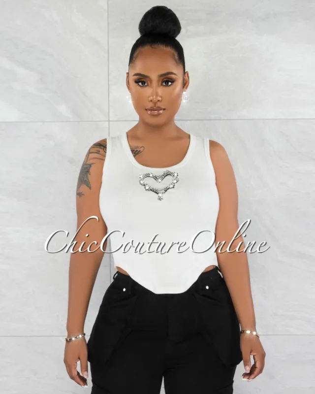 *Ethan Off-White Rhinestones Heart Accent Crop Top made by Chic Couture