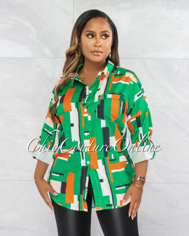 Mahina Green Orange Print Back Gold Link Buttoned Shirt sold by chic