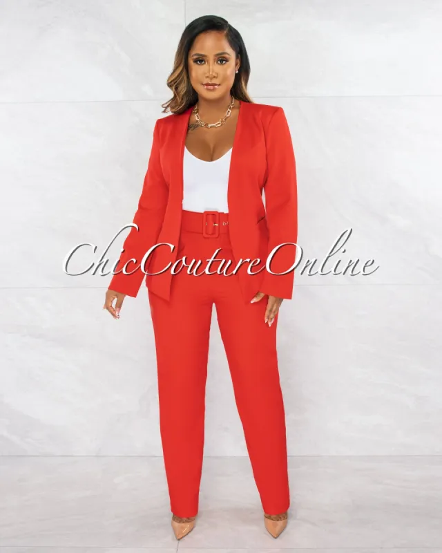 *Eciana Red Open Blazer & Belted Pants Set sold by Chic Couture