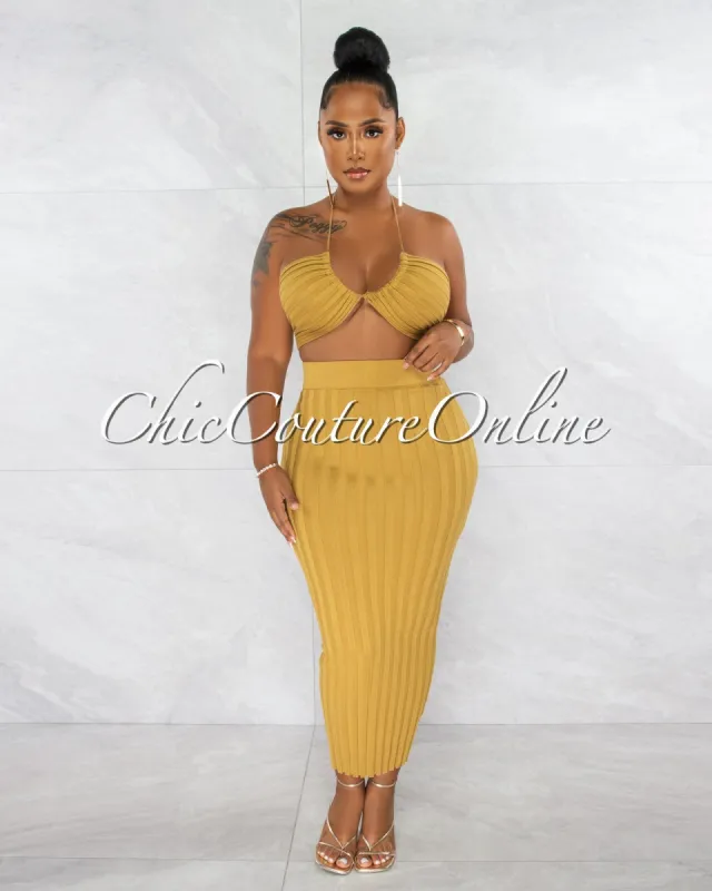Macanta Deep Mustard Ribbed Maxi Skirt Two Piece Set sold by chic