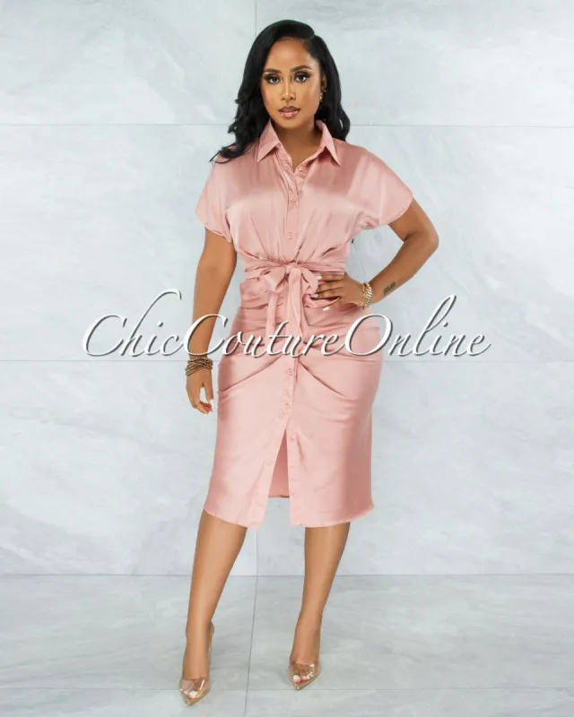 Gustave Pink Draped Front Tie Shirt Midi Satin Dress sold by Chic Couture