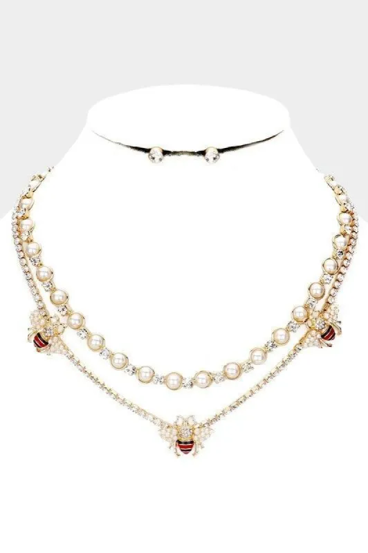 Farrah Gold Pearl Honey Bee Accented Layered Necklace sold by Chic Couture