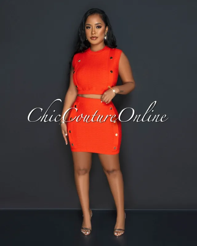Kera Orange Gold Buttons Crop Top & Mini Skirt Ribbed Set sold by Chic Couture