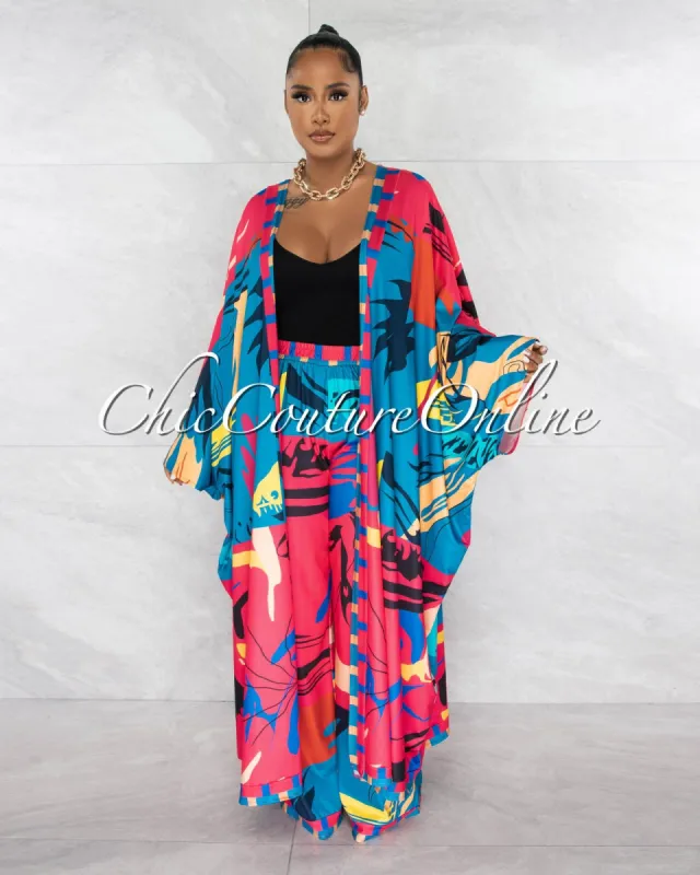 Nicha Black Fuchsia Multi-Color Print Duster & Wide Pants Set sold by chic
