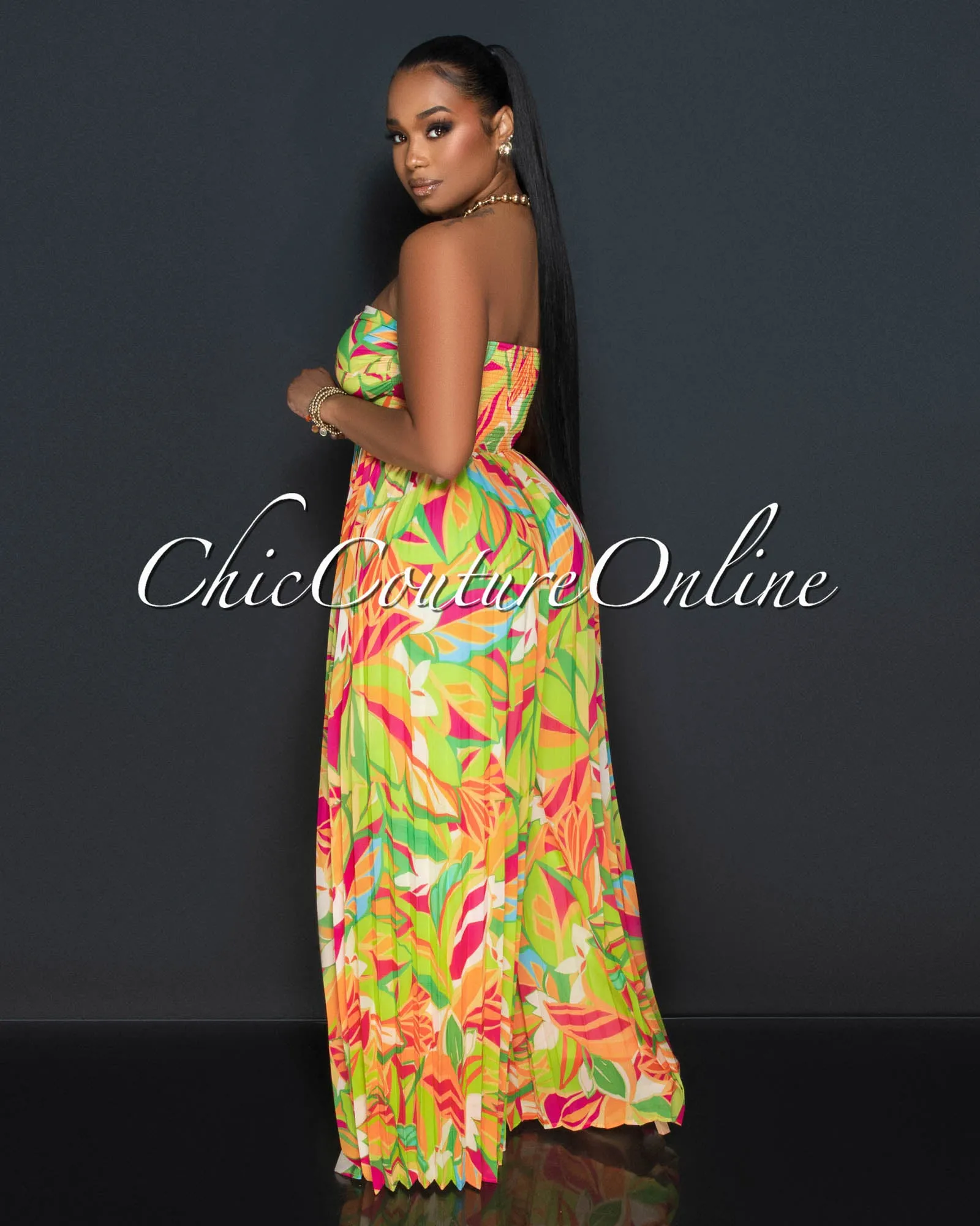Rita Orange Green Print Bust Keyhole Pleated Jumpsuit sold by Chic Couture product image thumbnail 4