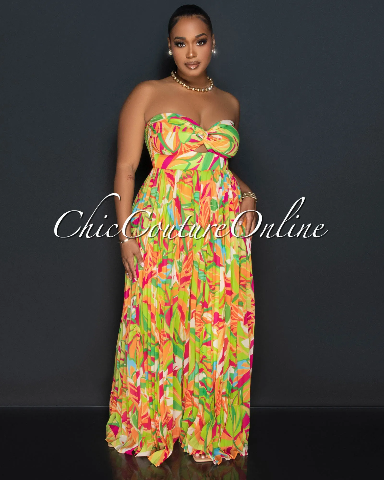 Rita Orange Green Print Bust Keyhole Pleated Jumpsuit sold by Chic Couture product image thumbnail 3