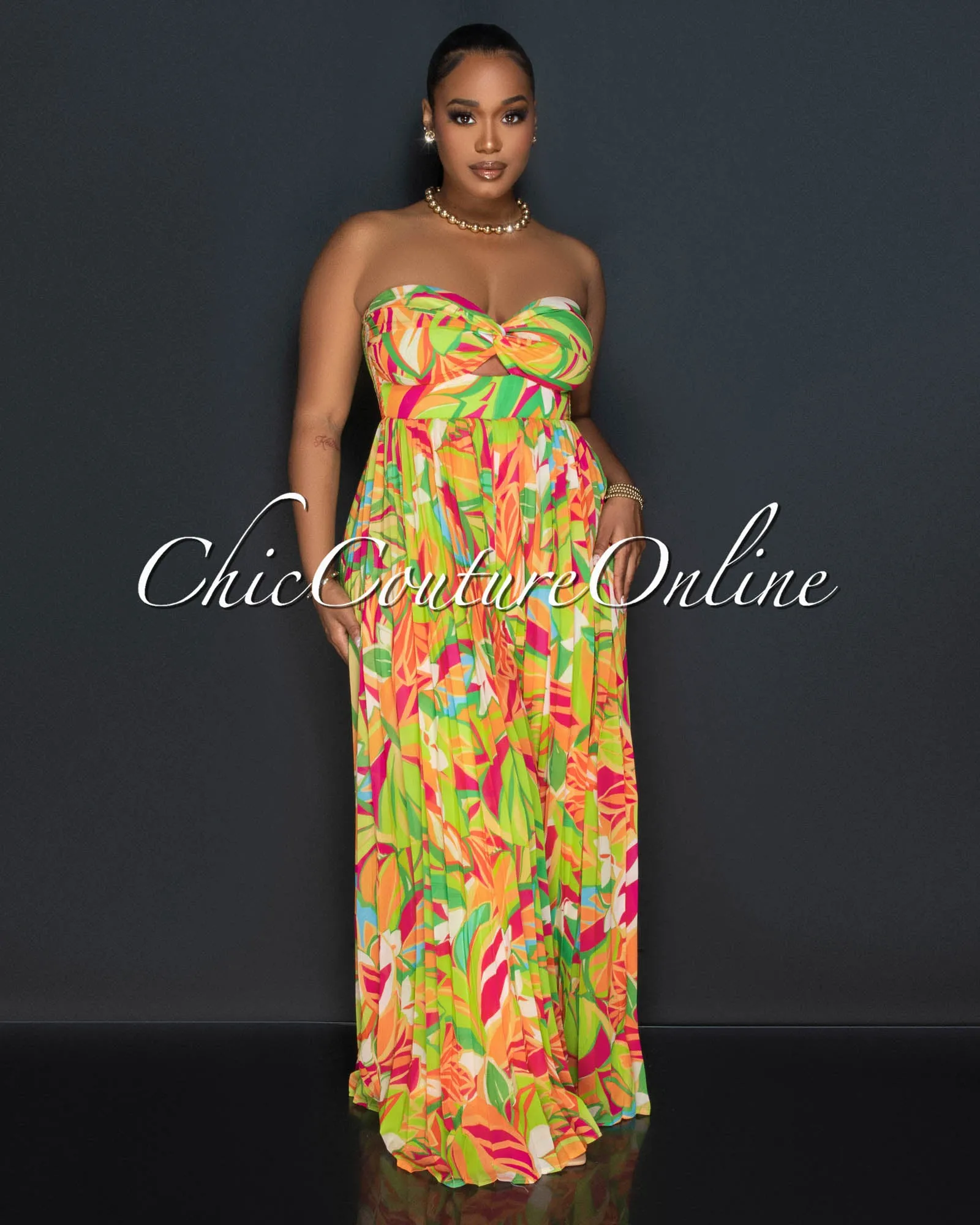 Rita Orange Green Print Bust Keyhole Pleated Jumpsuit sold by Chic Couture product image thumbnail 2