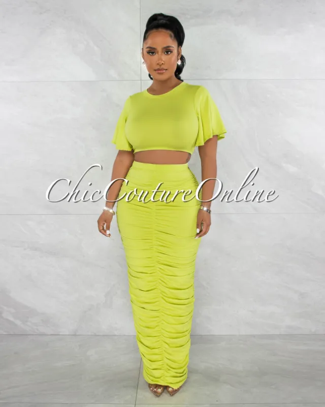 *Pharia Neon Green Crop Top & Ruched Maxi Skirt Set sold by Chic Couture