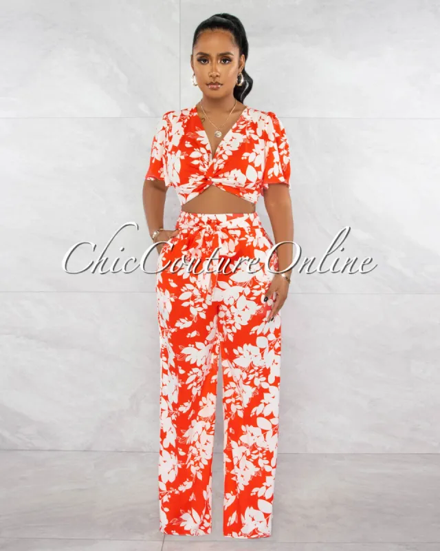 *Barcelo Tomato White Print Crop Top & Wide Pants Set sold by Chic Couture