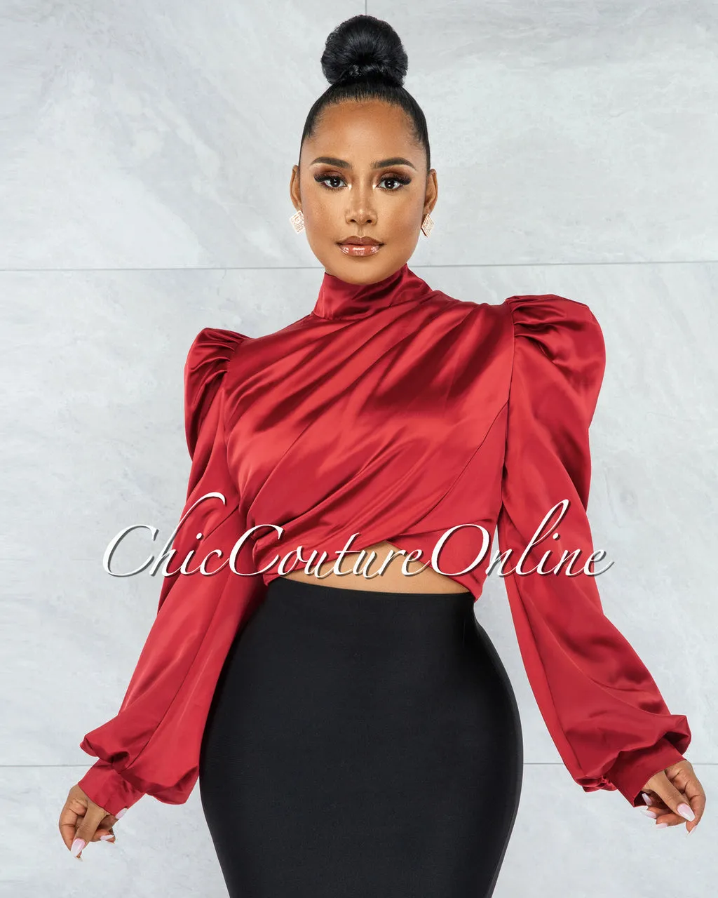 *Karishma Burgundy Luxe Satin Blouse sold by Chic Couture
