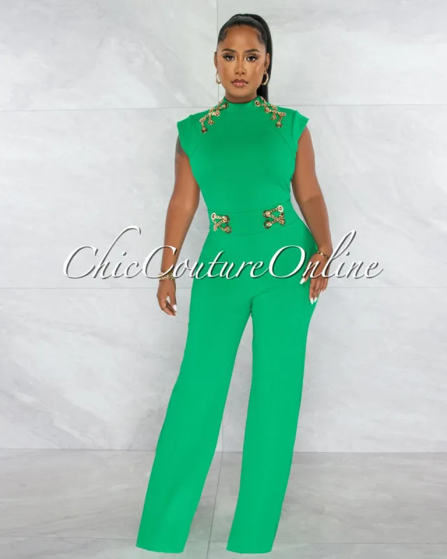 Jazelle Emerald Green Gold Link Lace-Up Jumpsuit sold by Chic Couture