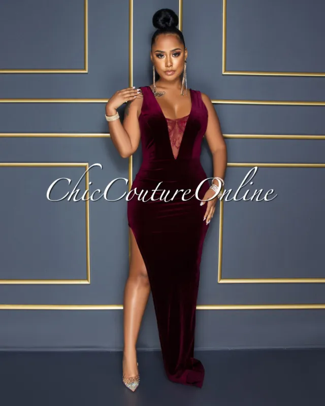 *Cecilie Wine Red Velvet Lace Side Slit Maxi Dress sold by Chic Couture