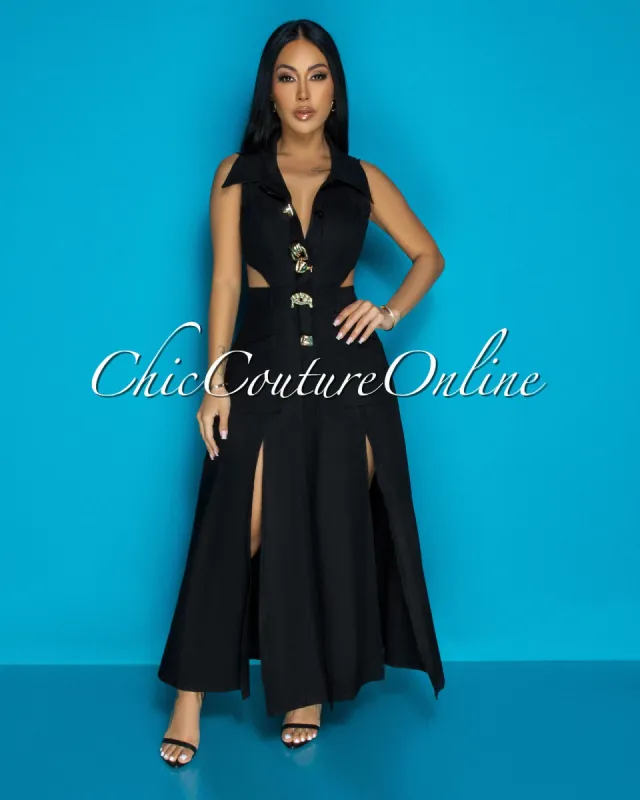 Livia Black Gold Buttons Linen Midi Dress sold by Chic Couture