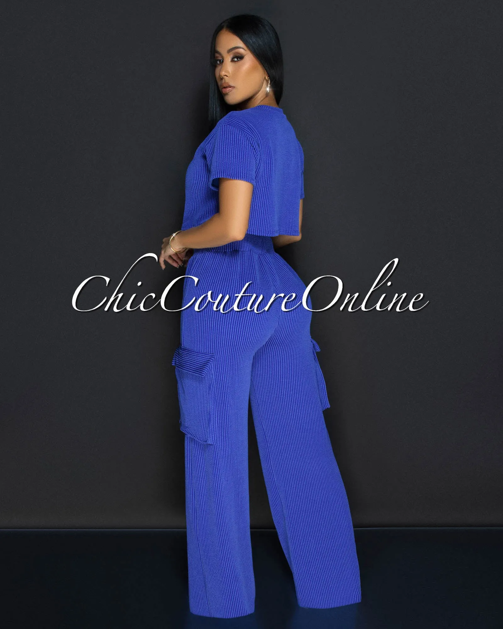 Myna Royal-Blue Ribbed Crop Top & Cargo Pants Set sold by Chic Couture product image thumbnail 4