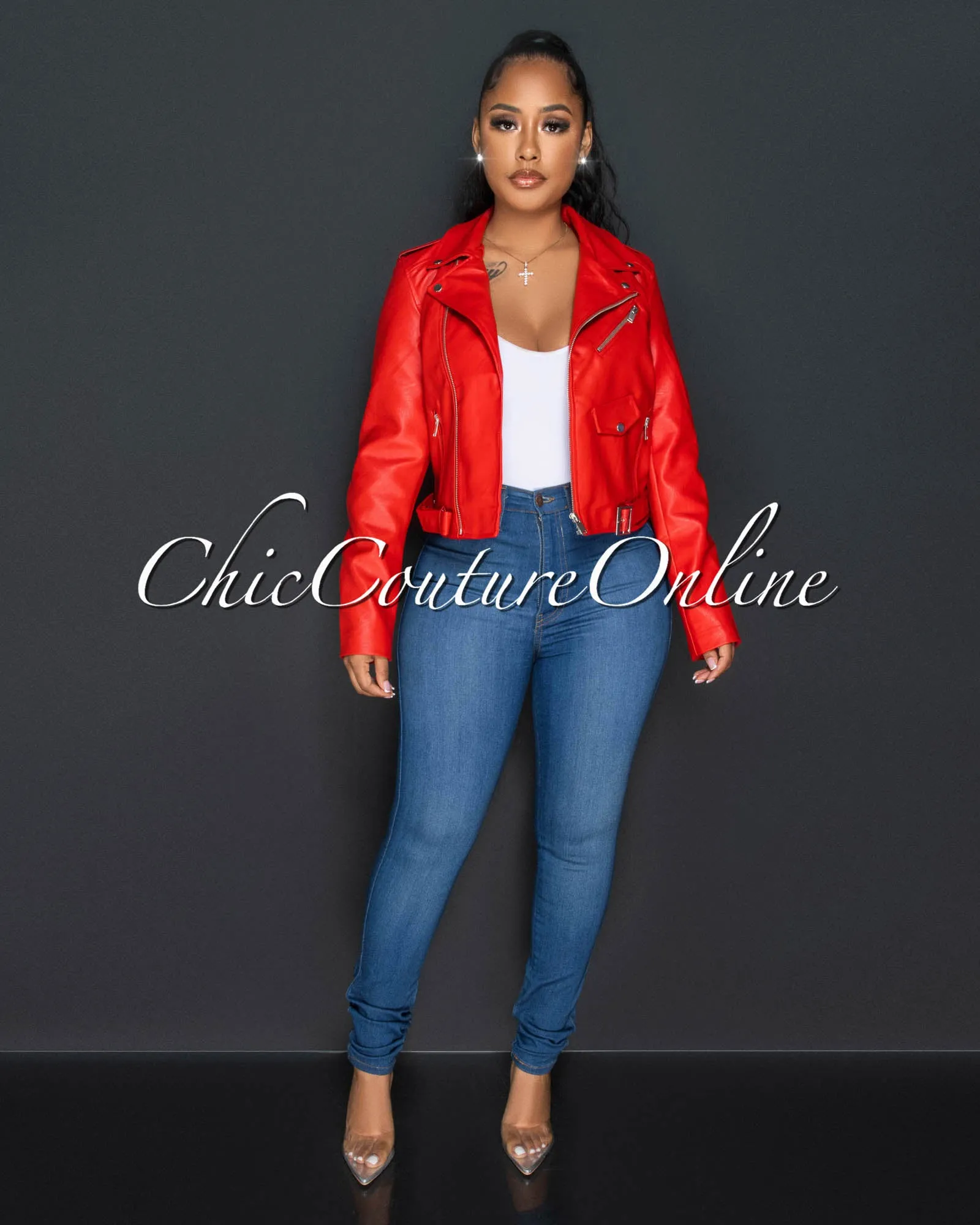 *Payami Red Vegan Leather Zippered Jacket sold by Chic Couture