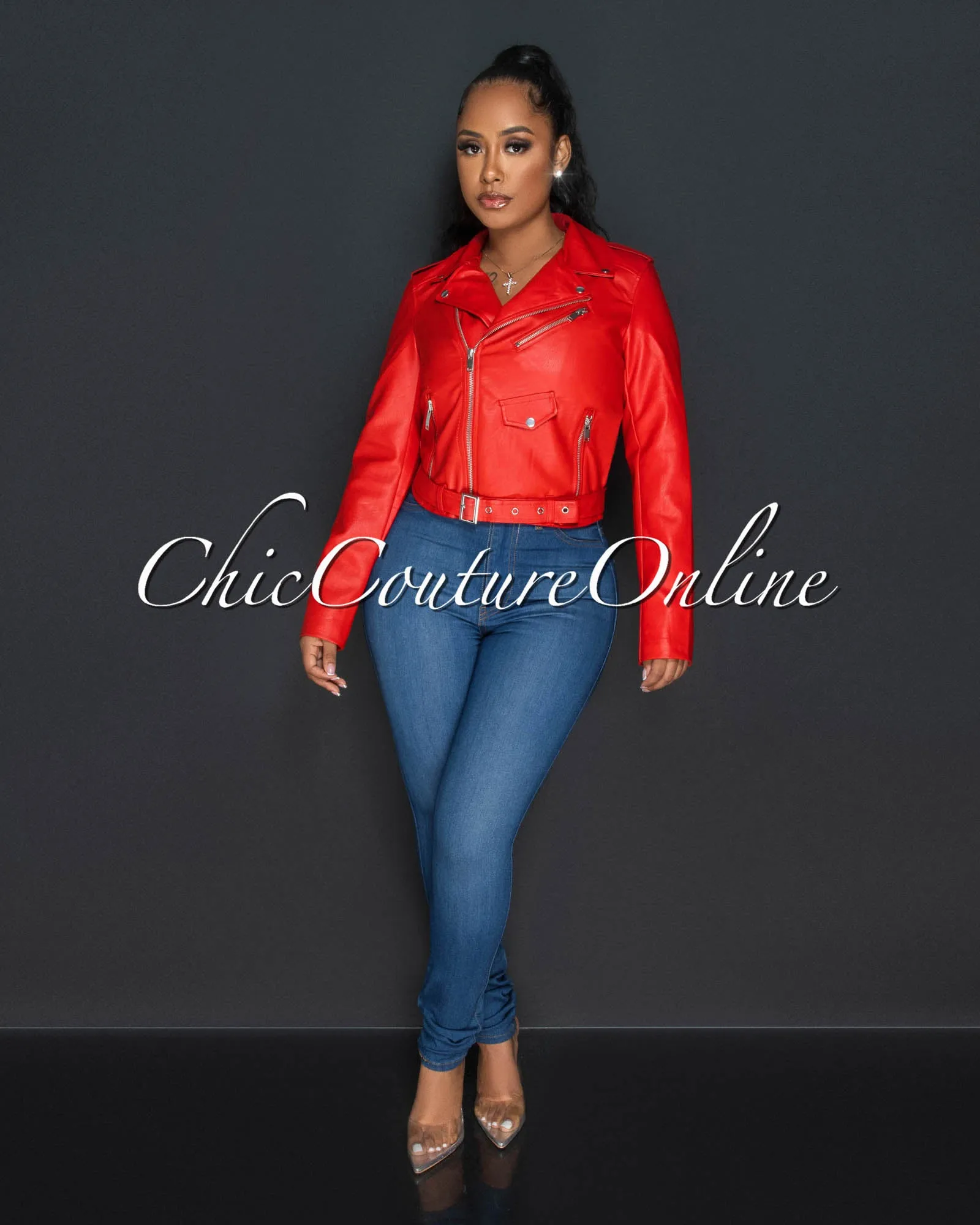 *Payami Red Vegan Leather Zippered Jacket sold by Chic Couture product image thumbnail 2