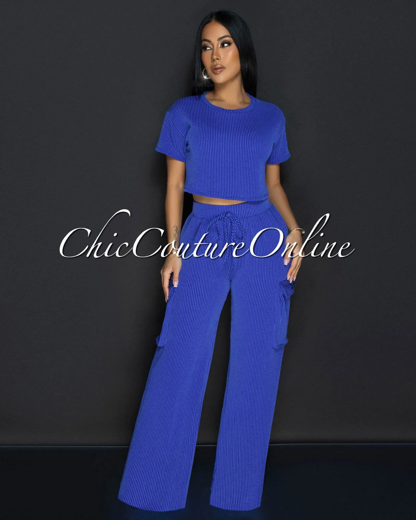 Myna Royal-Blue Ribbed Crop Top & Cargo Pants Set sold by Chic Couture product image thumbnail 2