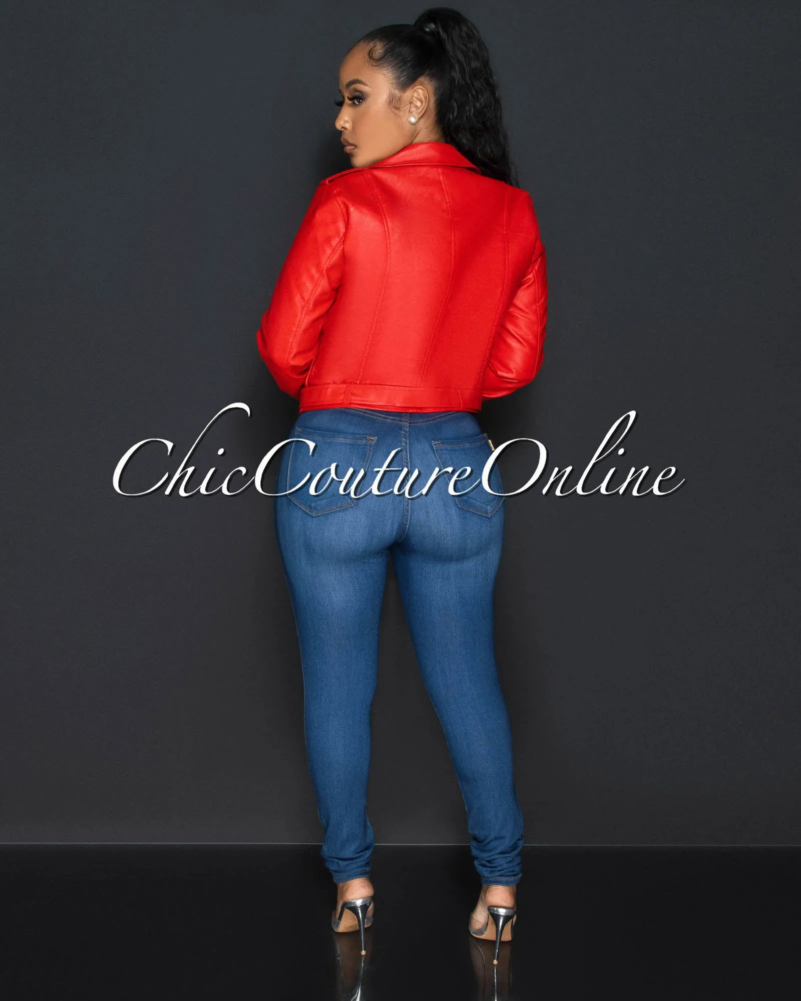 *Payami Red Vegan Leather Zippered Jacket sold by Chic Couture product image thumbnail 3