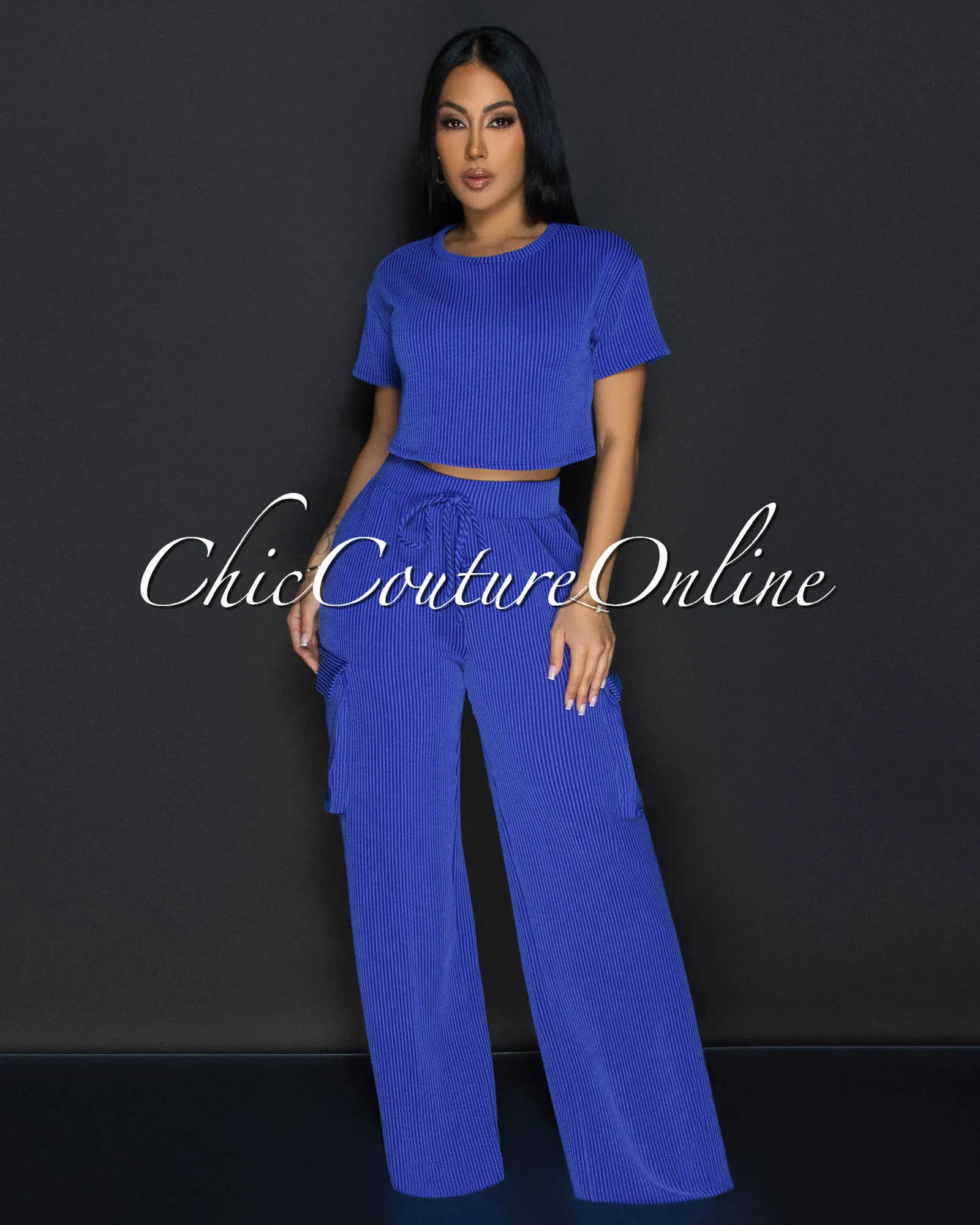 Myna Royal-Blue Ribbed Crop Top & Cargo Pants Set sold by Chic Couture