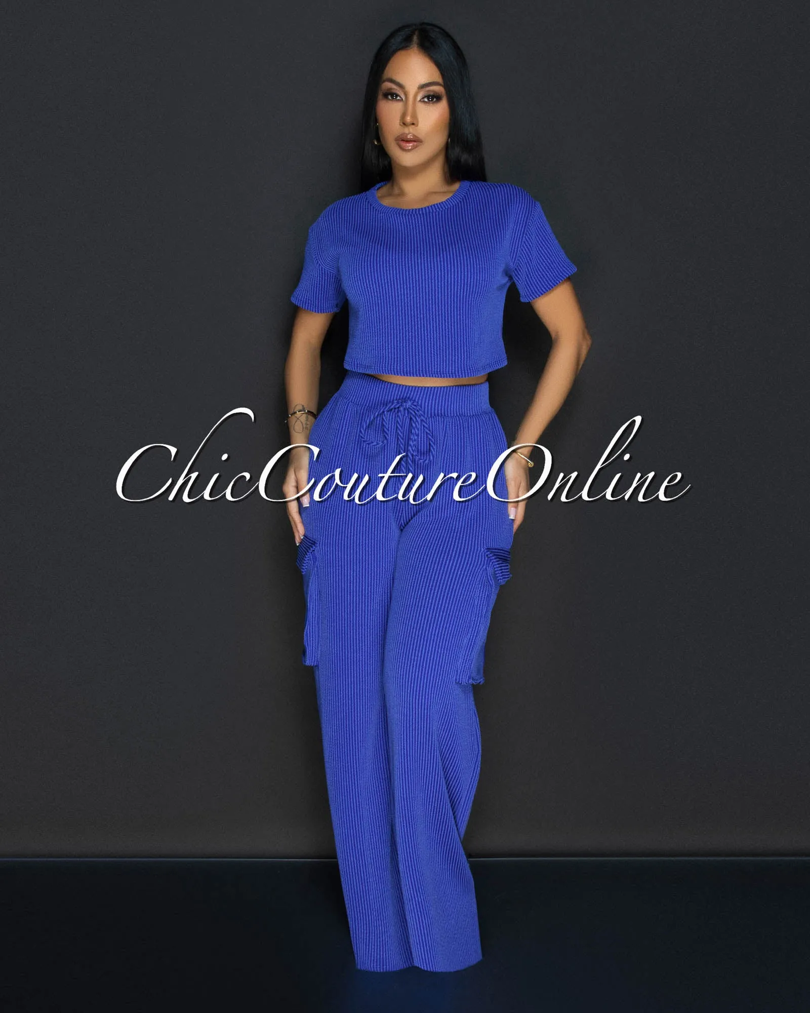 Myna Royal-Blue Ribbed Crop Top & Cargo Pants Set sold by Chic Couture product image thumbnail 3