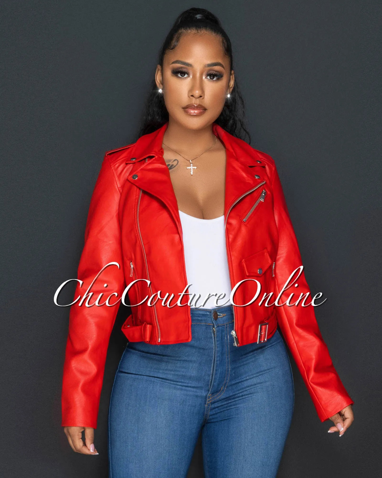 *Payami Red Vegan Leather Zippered Jacket sold by Chic Couture product image thumbnail 4