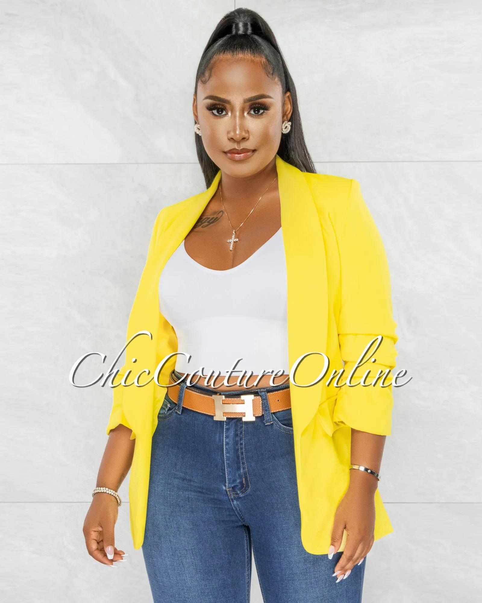 Stephanelle Yellow Ruched Sleeves Long Blazer sold by Chic Couture