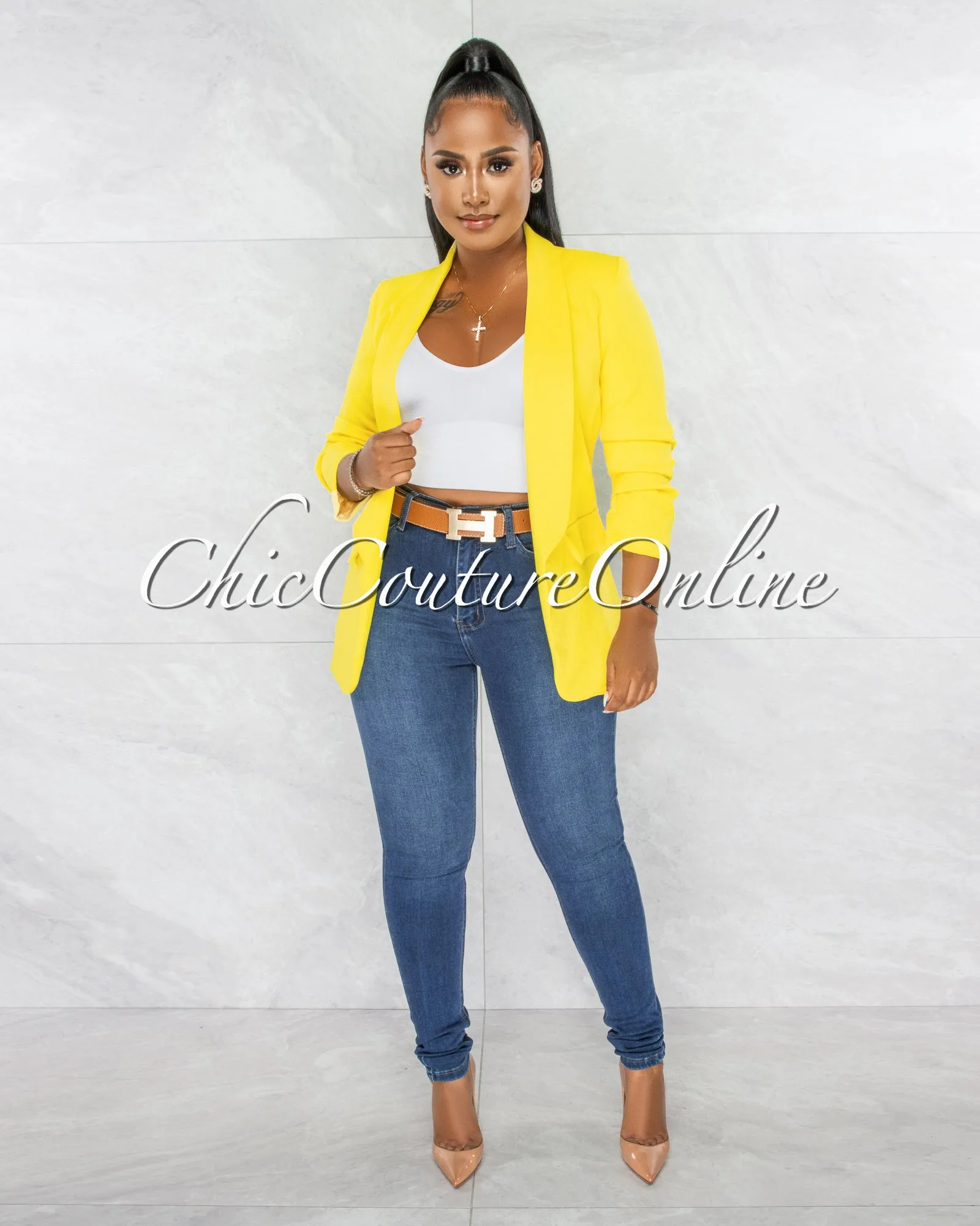 Stephanelle Yellow Ruched Sleeves Long Blazer sold by Chic Couture product image thumbnail 2
