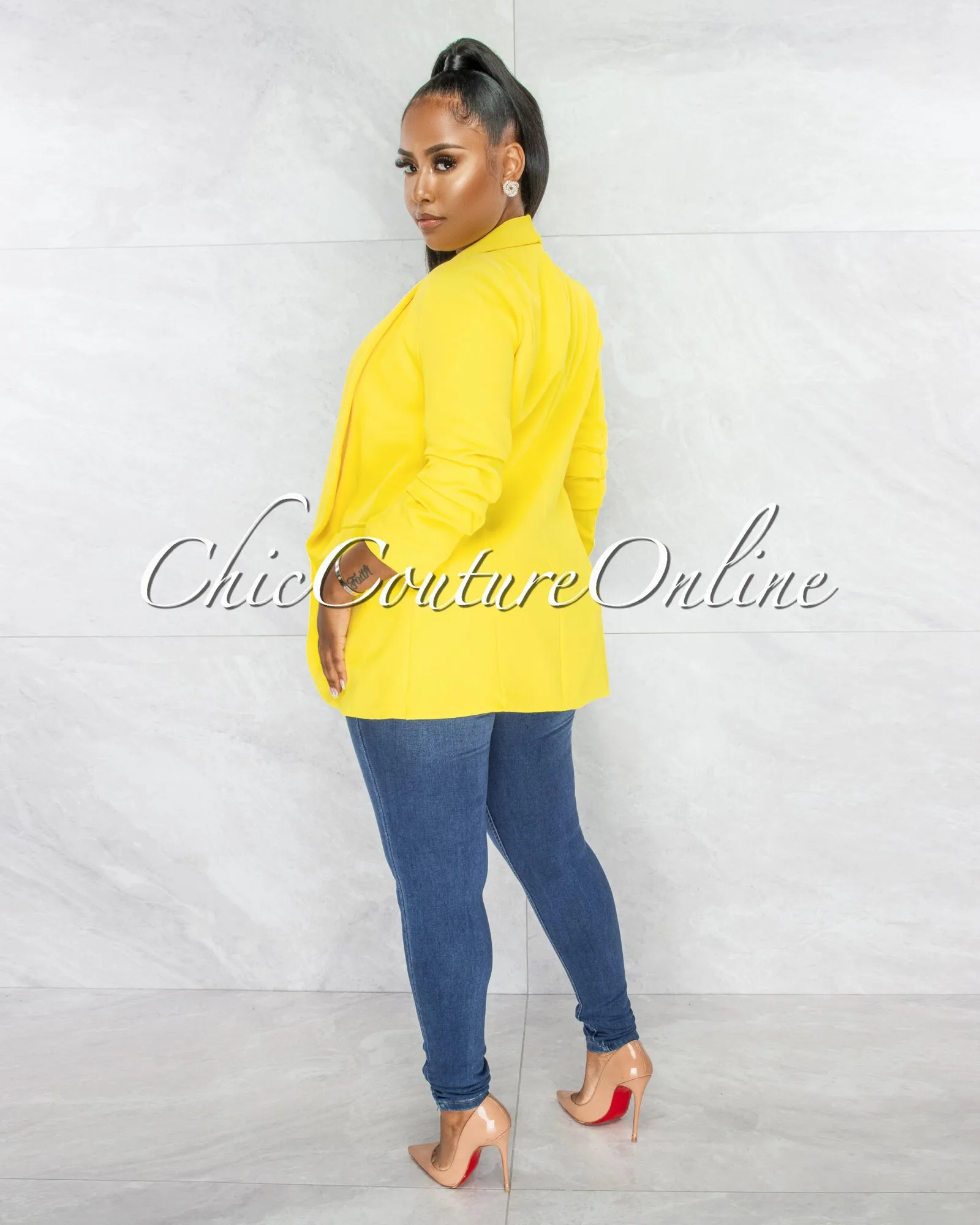 Stephanelle Yellow Ruched Sleeves Long Blazer sold by Chic Couture product image thumbnail 3
