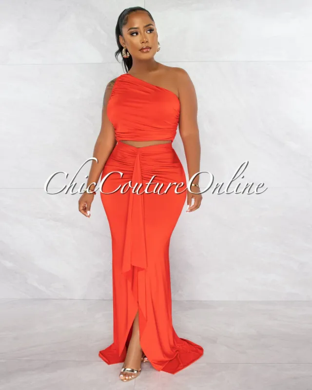 Jeremiah Tomato Draped Crop Top & Maxi Skirt Set sold by chic