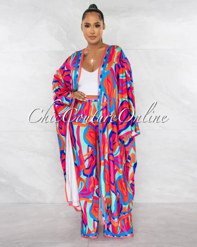 Jasmine Fuchsia Multi-Color Print Duster & Wide Pants Set sold by chic
