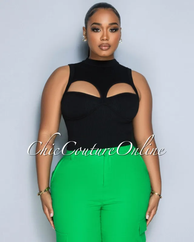 Ginette Black Bust Key-Holes Ribbed Crop Top sold by Chic Couture