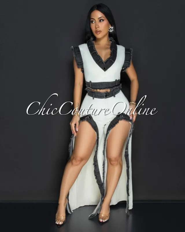 Sophina Cream Black Denim Trim Slit Legs Pants Set sold by Chic Couture
