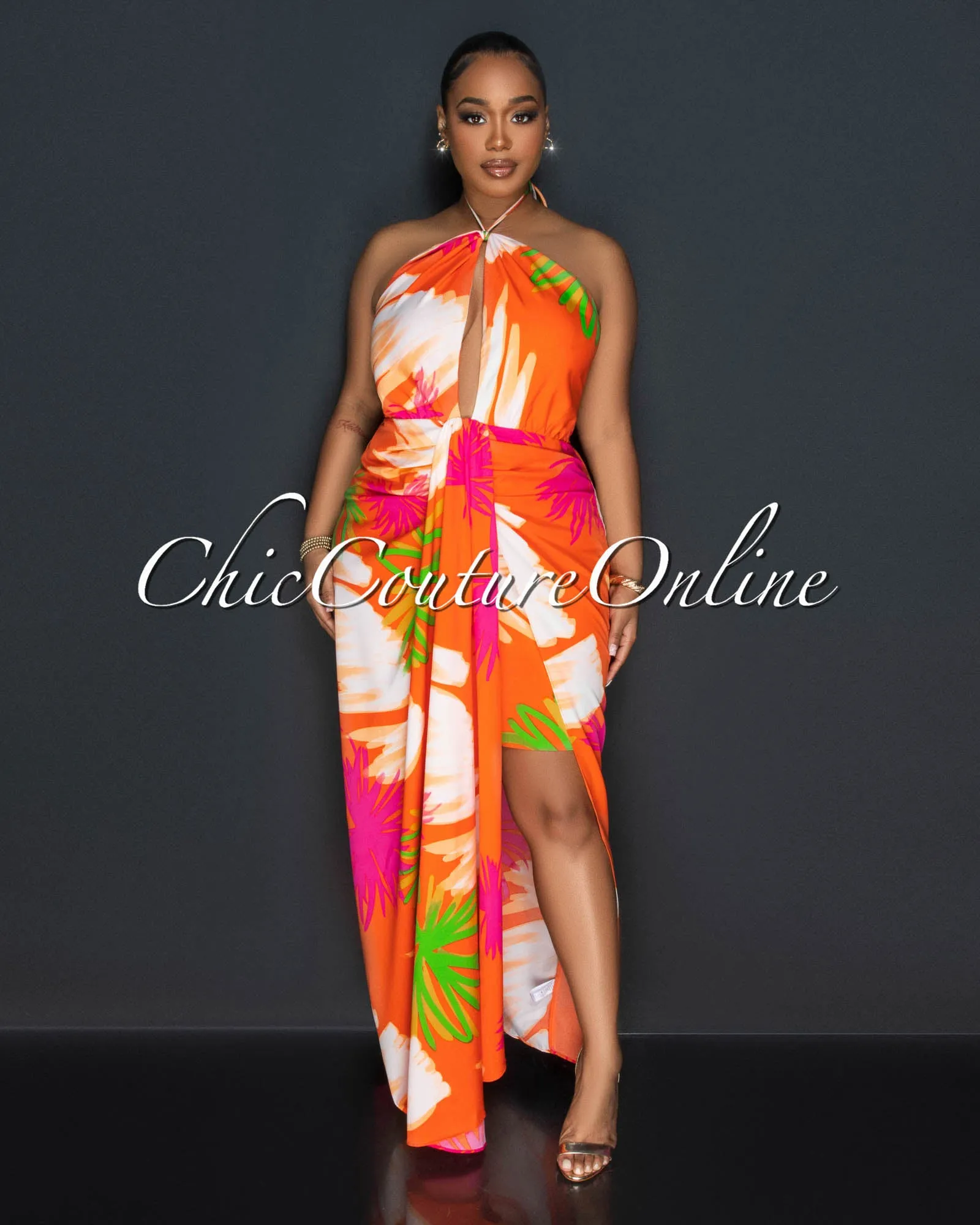 *Celian Orange Multi-Color Print Front Slit Maxi Dress sold by Chic Couture product image thumbnail 2