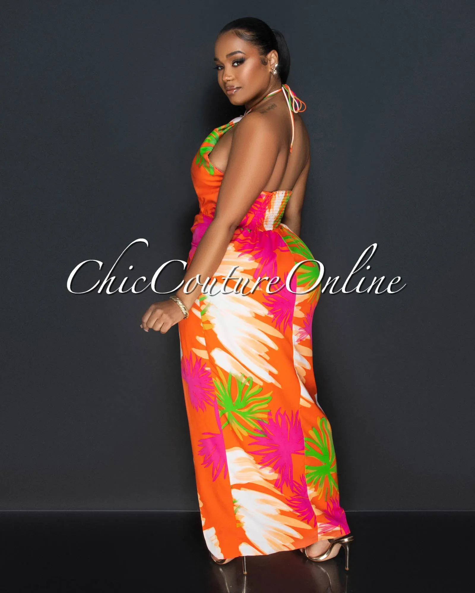 *Celian Orange Multi-Color Print Front Slit Maxi Dress sold by Chic Couture product image thumbnail 3