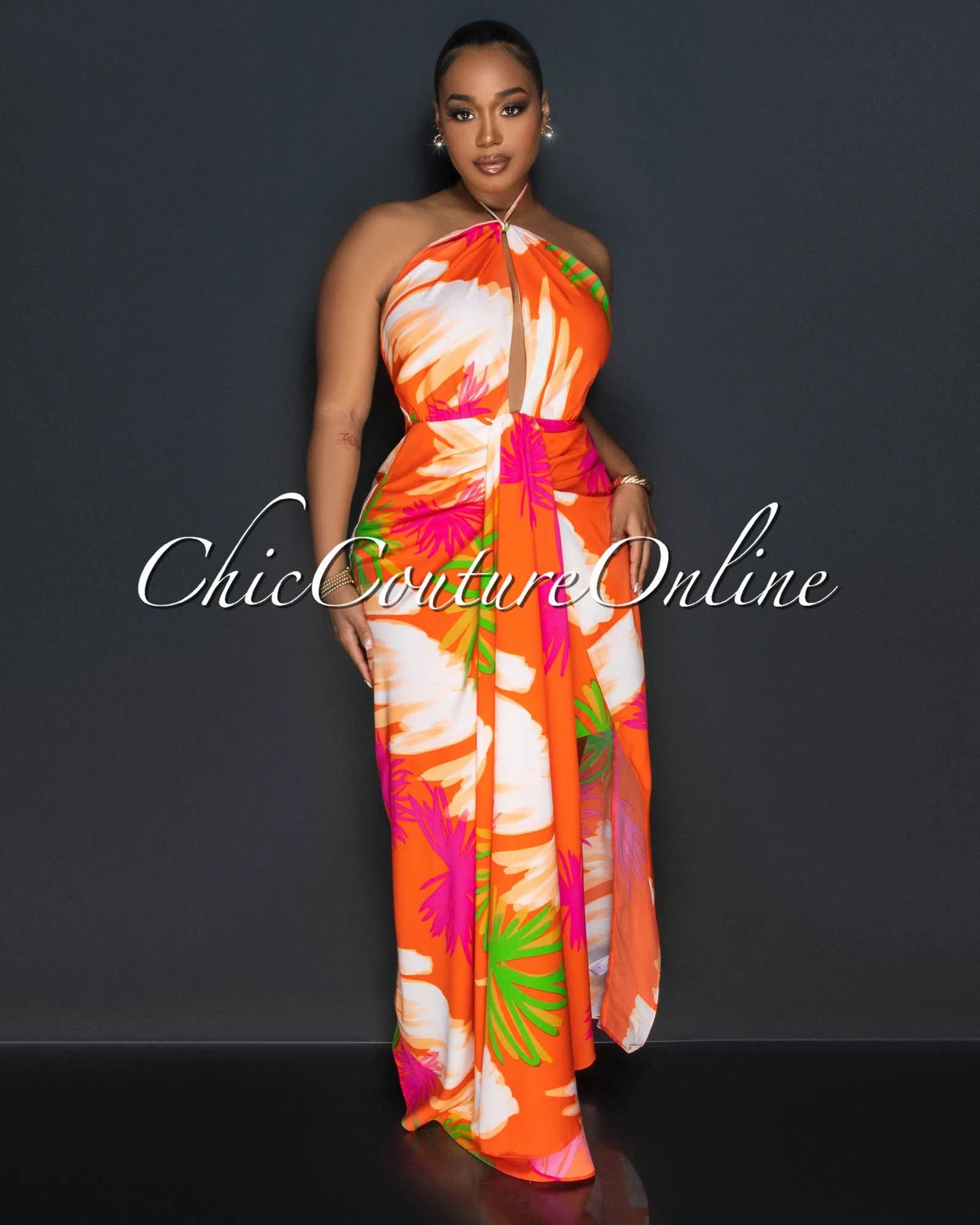 *Celian Orange Multi-Color Print Front Slit Maxi Dress sold by Chic Couture