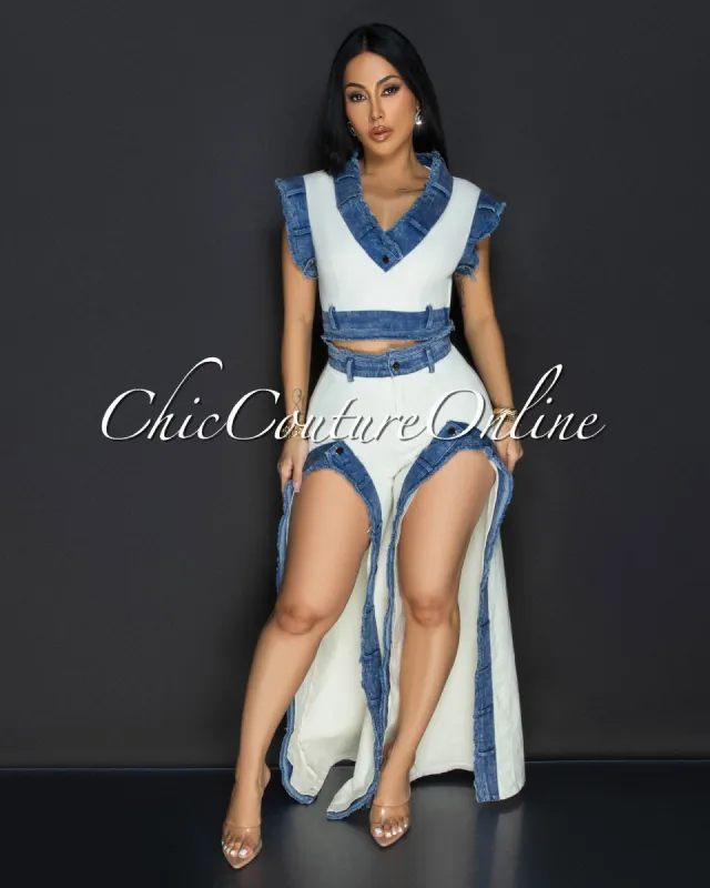 Sophina Cream Blue Denim Trim Slit Legs Pants Set sold by Chic Couture
