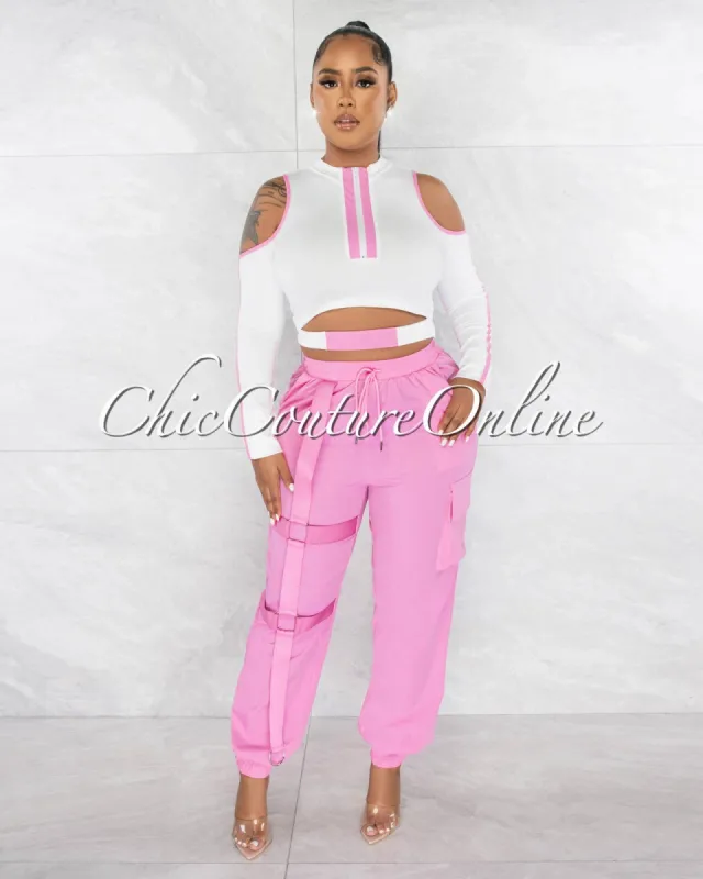 Duncan Pink White Top & Jogger Cargo Pants Set sold by chic