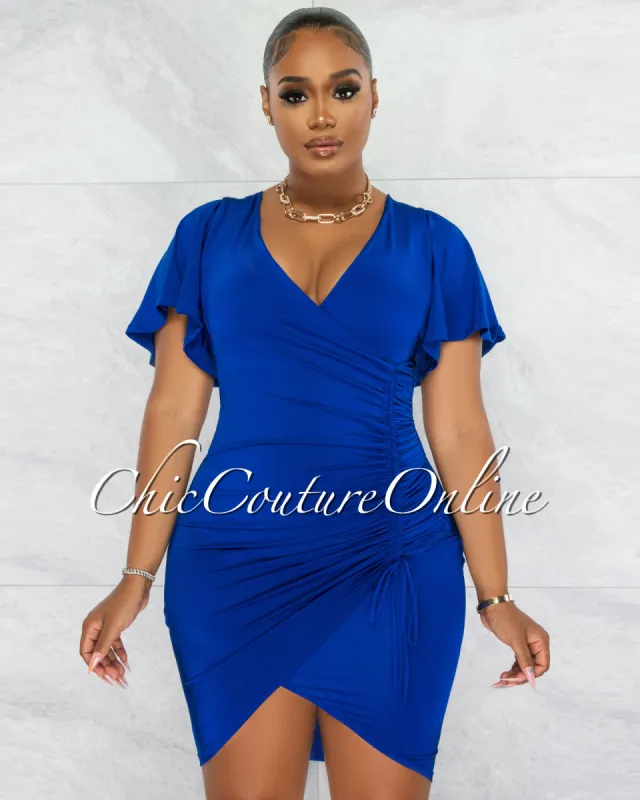 *Dalie Royal Blue Wrap Ruched Side Midi Dress sold by Chic Couture