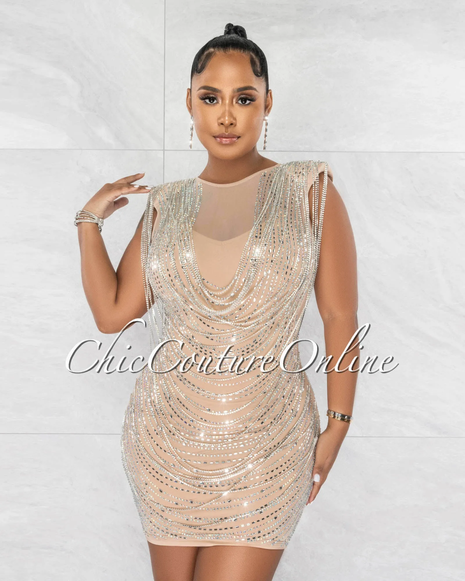 *Clarence Nude Silver Rhinestones Mesh Mini Dress sold by Chic Couture