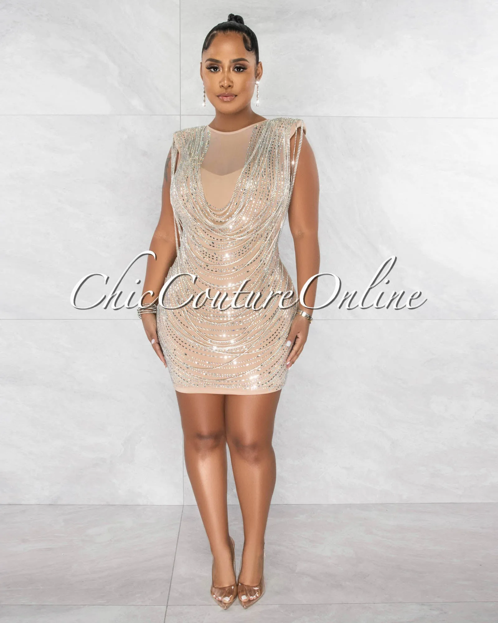 *Clarence Nude Silver Rhinestones Mesh Mini Dress sold by Chic Couture product image thumbnail 2