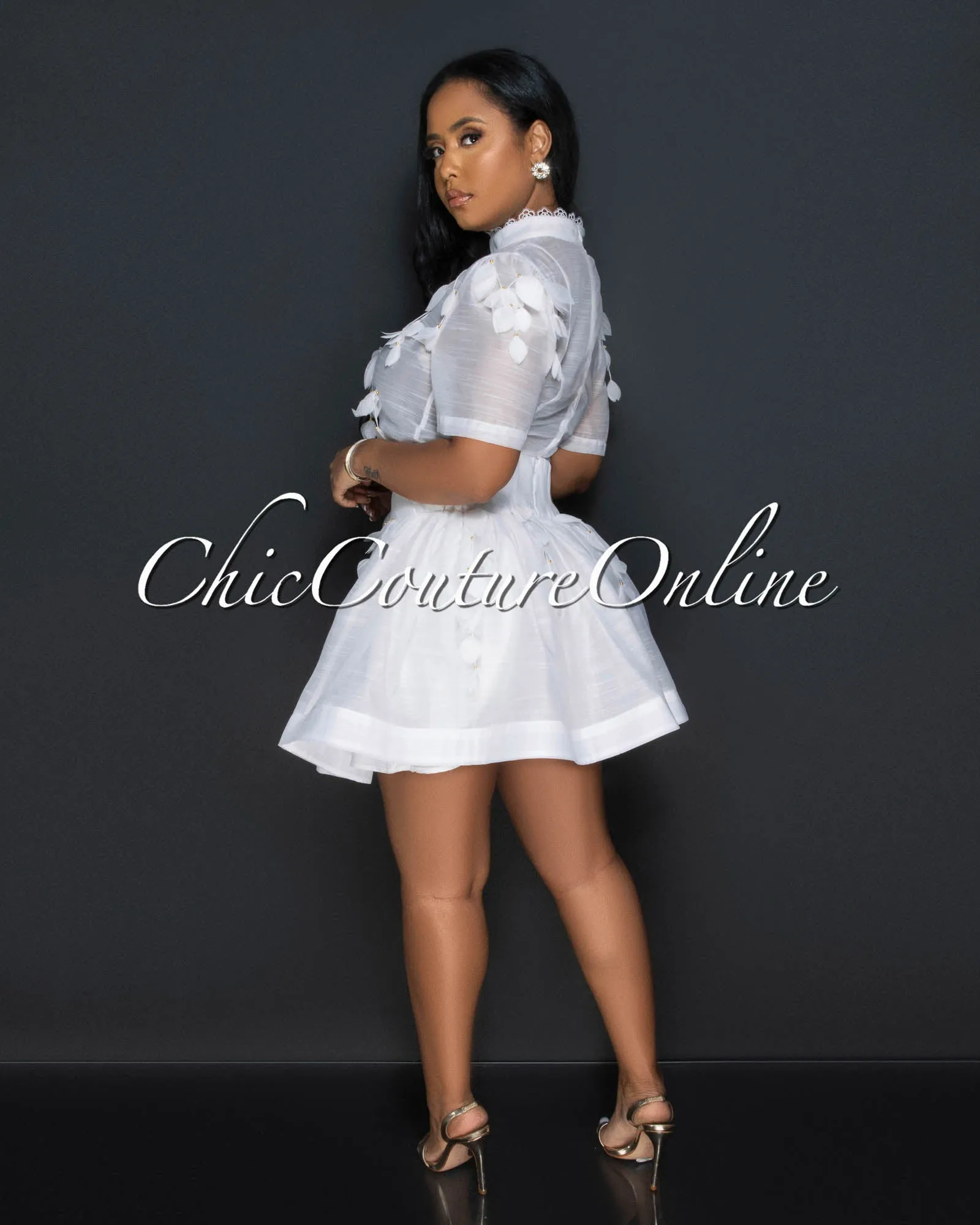 Fasta White Gold Accent Shirt & Flutter Skirt Set sold by Chic Couture product image thumbnail 4